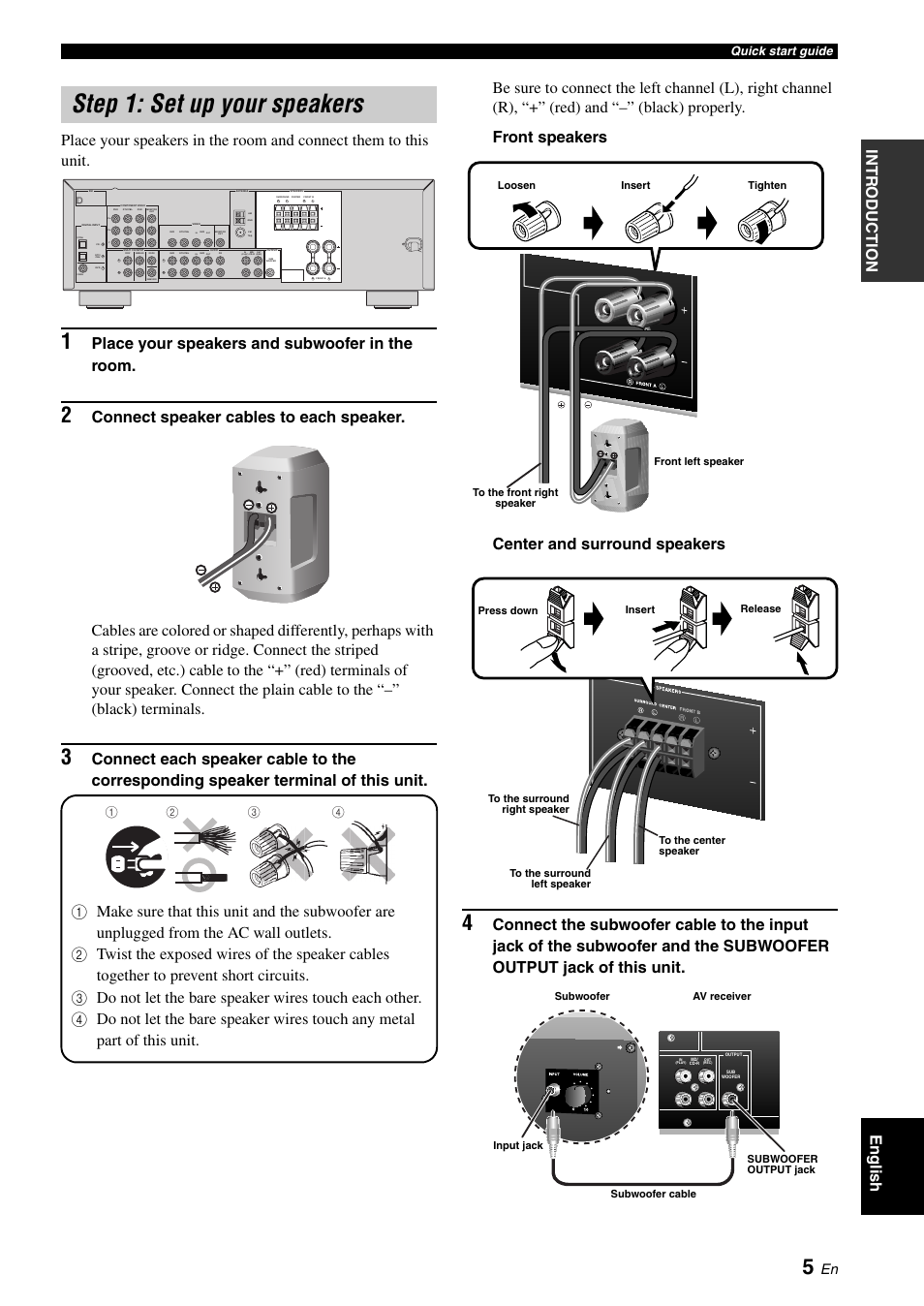 Step 1: set up your speakers, P. 5, Place your speakers and subwoofer in the room | Quick start guide | Yamaha RX-V361 User Manual | Page 9 / 78