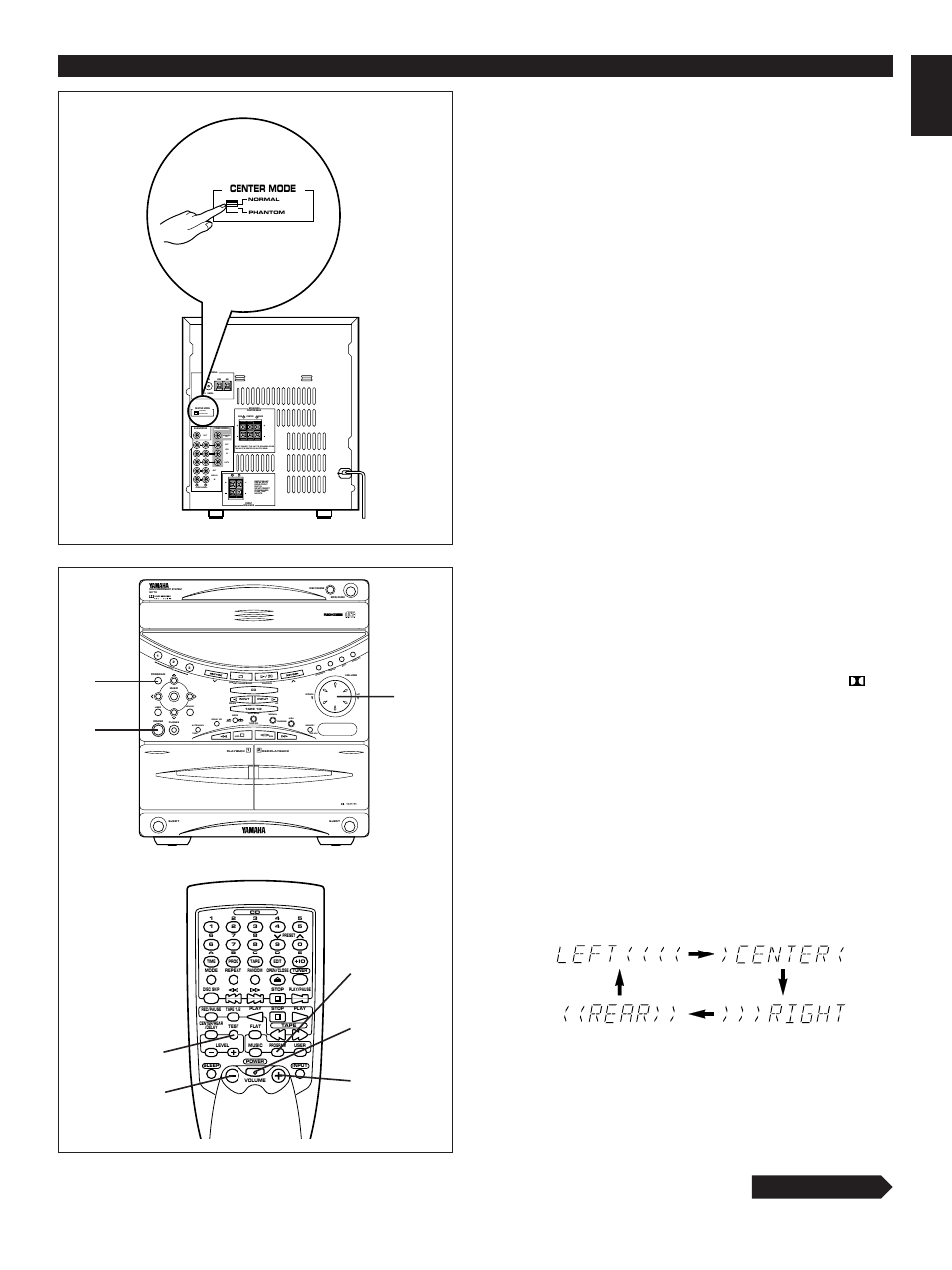 Speaker balance adjustment, E-15 english speaker balance adjustment, Continued | Before operation, Normal phantom, Out in vcr ld/tv out md/aux in audio signal out, Monitor out, Active servo technology, Start mode freq ps/pty/rt/ct pty seek, Press the power switch to turn the power on | Yamaha GX-70 User Manual | Page 27 / 72