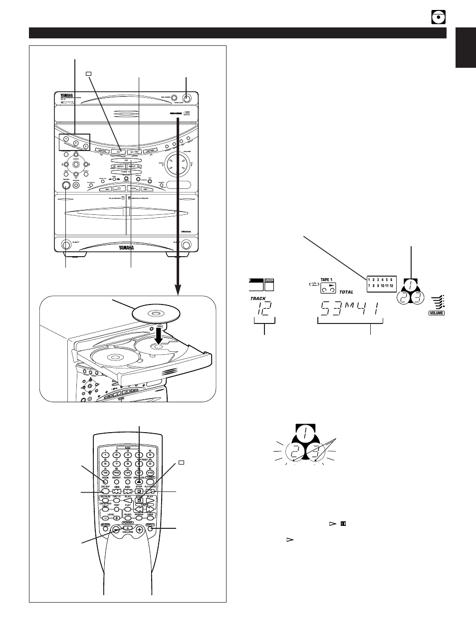 Compact disc player operation, Cd playback, E-17 english | For easier operation, Press the cd input selector button, Press the open/close button to open the disc table, Press the play/pause, Power, Total number of tracks total playing time | Yamaha GX-70 User Manual | Page 29 / 72