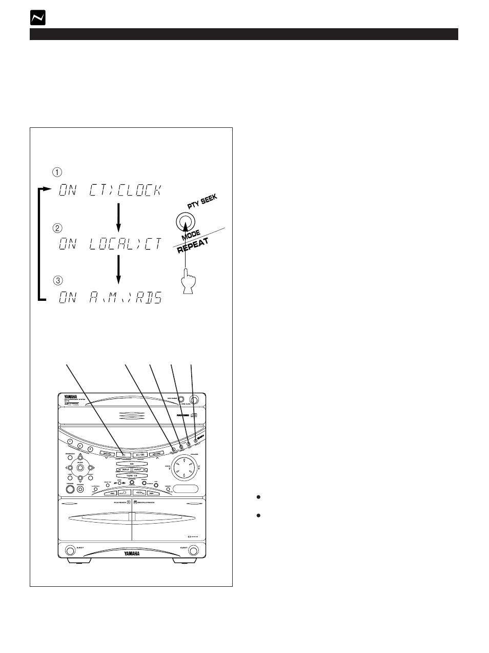 Other functions which make use of rds data service, E-30 receiving rds stations, U.k. and europe models only | Repeat, On (off) ct, On (off) local, On (off) a. m, On ct, Clock ” is displayed | Yamaha GX-70 User Manual | Page 42 / 72