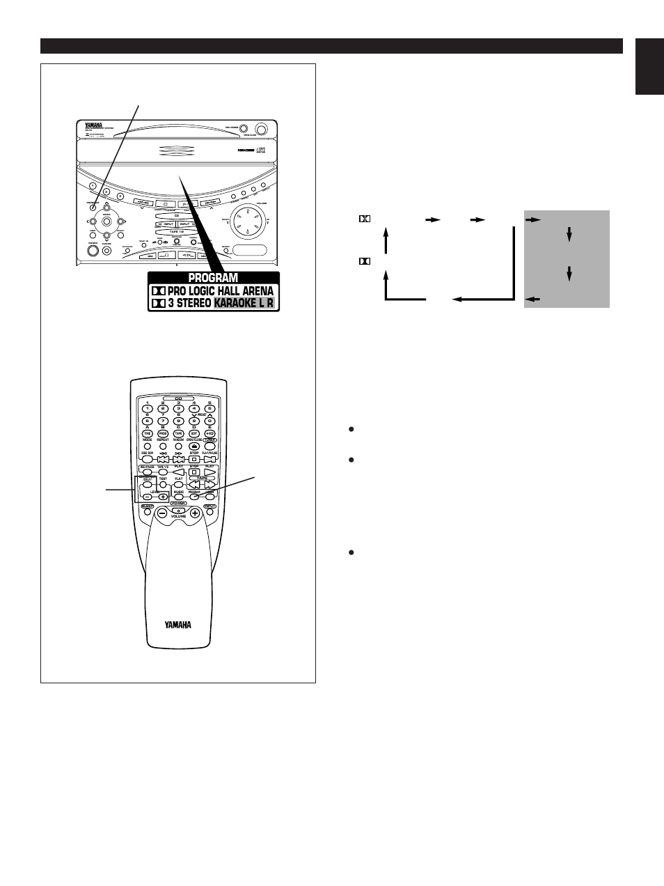 Listening to the music with a sound field effect, E-47 english, Using sound field processor | Program pro logic hall arena 3 stereo karaoke l r | Yamaha GX-70 User Manual | Page 59 / 72