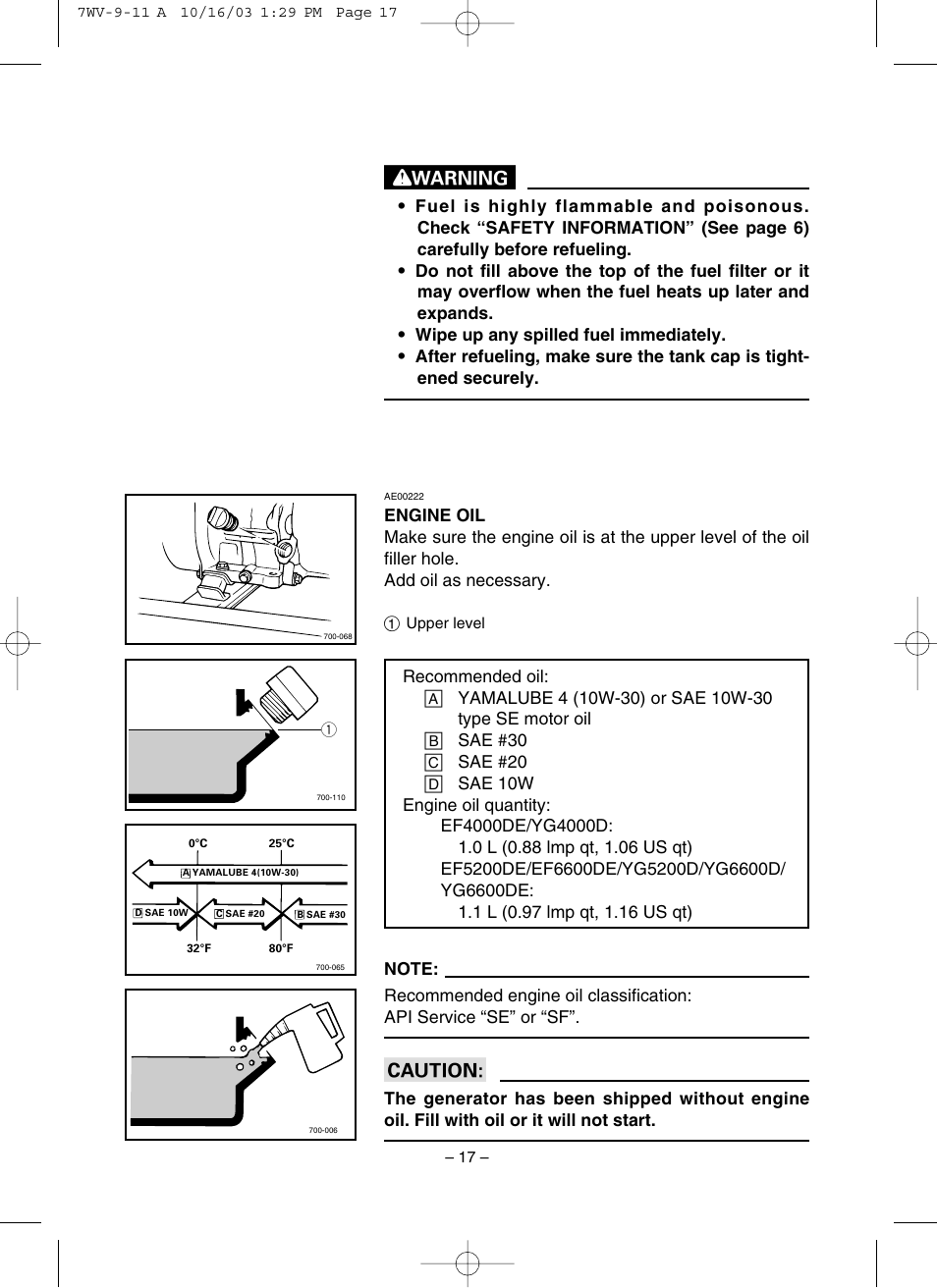 Engine oil | Yamaha EF4000DE User Manual | Page 22 / 62