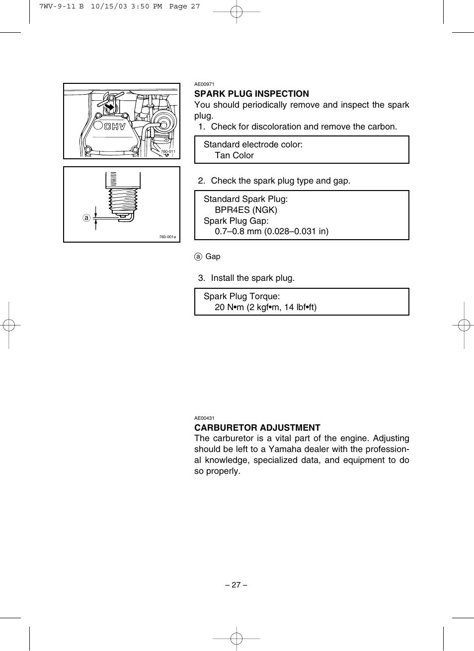 Spark plug inspection, Carburetor adjustment | Yamaha EF4000DE User Manual | Page 32 / 62