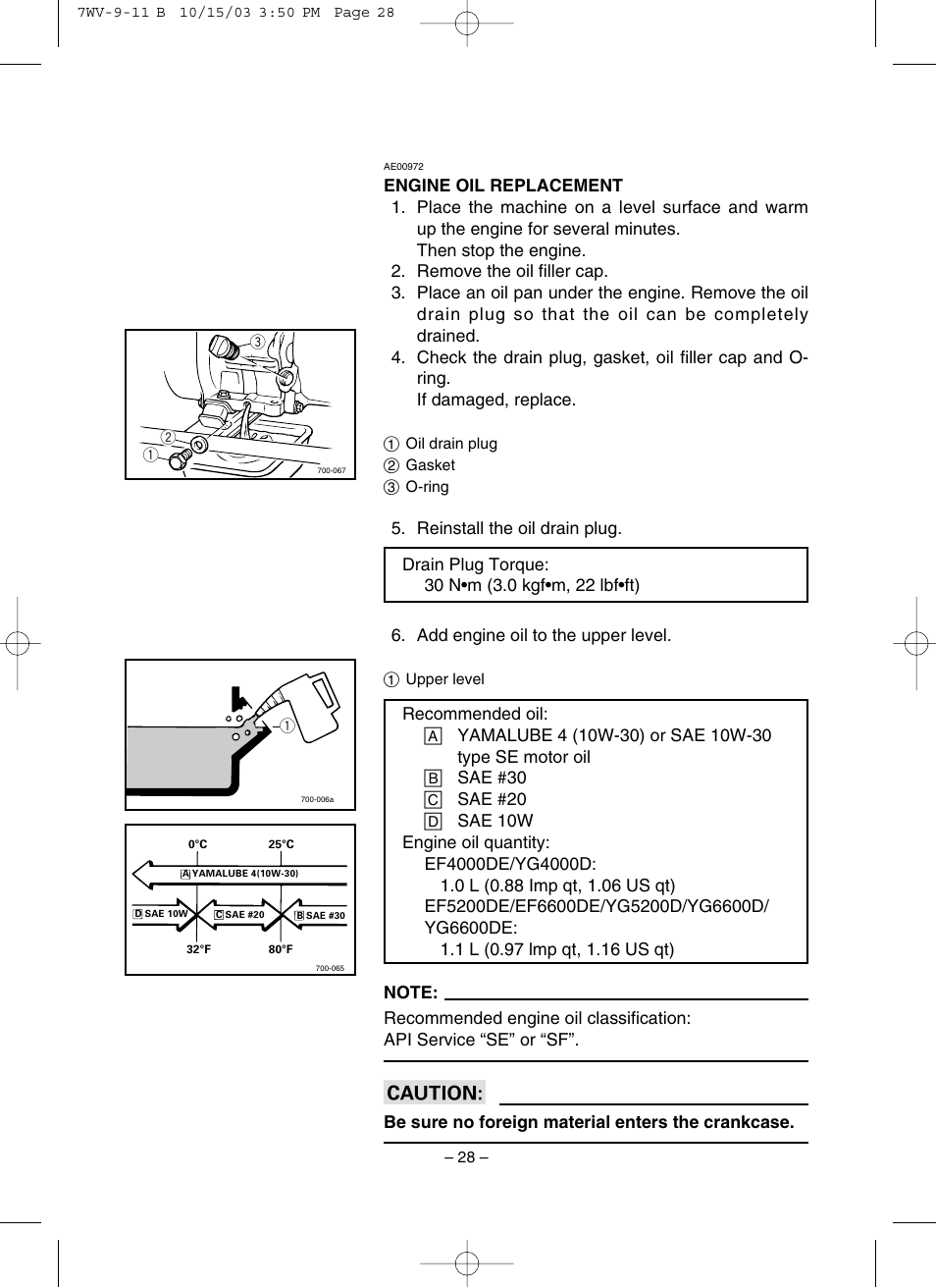 Engine oil replacement | Yamaha EF4000DE User Manual | Page 33 / 62