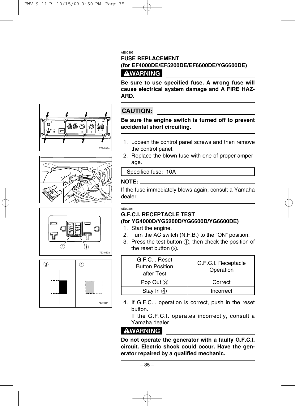 Fuse replacement, G.f.c.i. receptacle test | Yamaha EF4000DE User Manual | Page 40 / 62