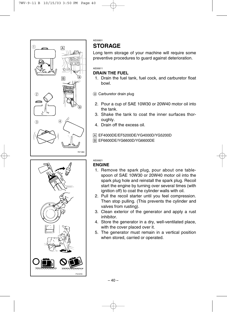 Storage, Drain the fuel, Engine | Yamaha EF4000DE User Manual | Page 45 / 62