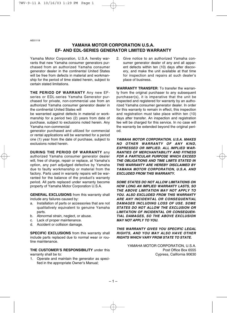 Limited warranty (ef- and edl-series) | Yamaha EF4000DE User Manual | Page 6 / 62