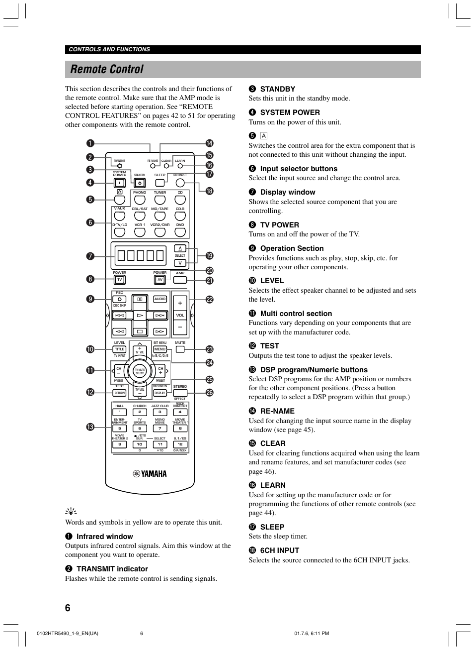 Remote control | Yamaha HTR-5490 User Manual | Page 10 / 83