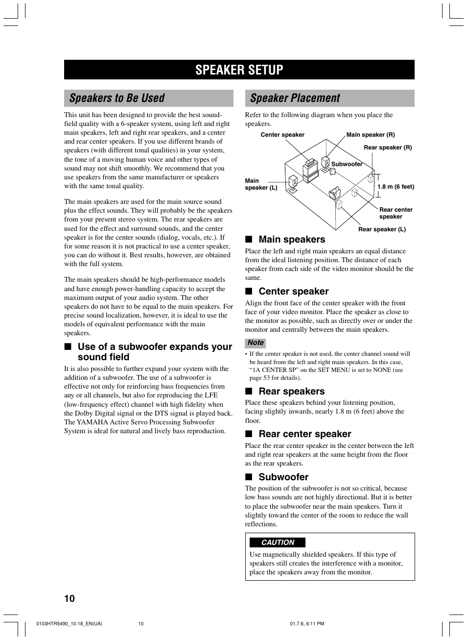 Speaker setup, Speakers to be used, Speaker placement | Use of a subwoofer expands your sound field, Main speakers, Center speaker, Rear speakers, Rear center speaker, Subwoofer | Yamaha HTR-5490 User Manual | Page 14 / 83