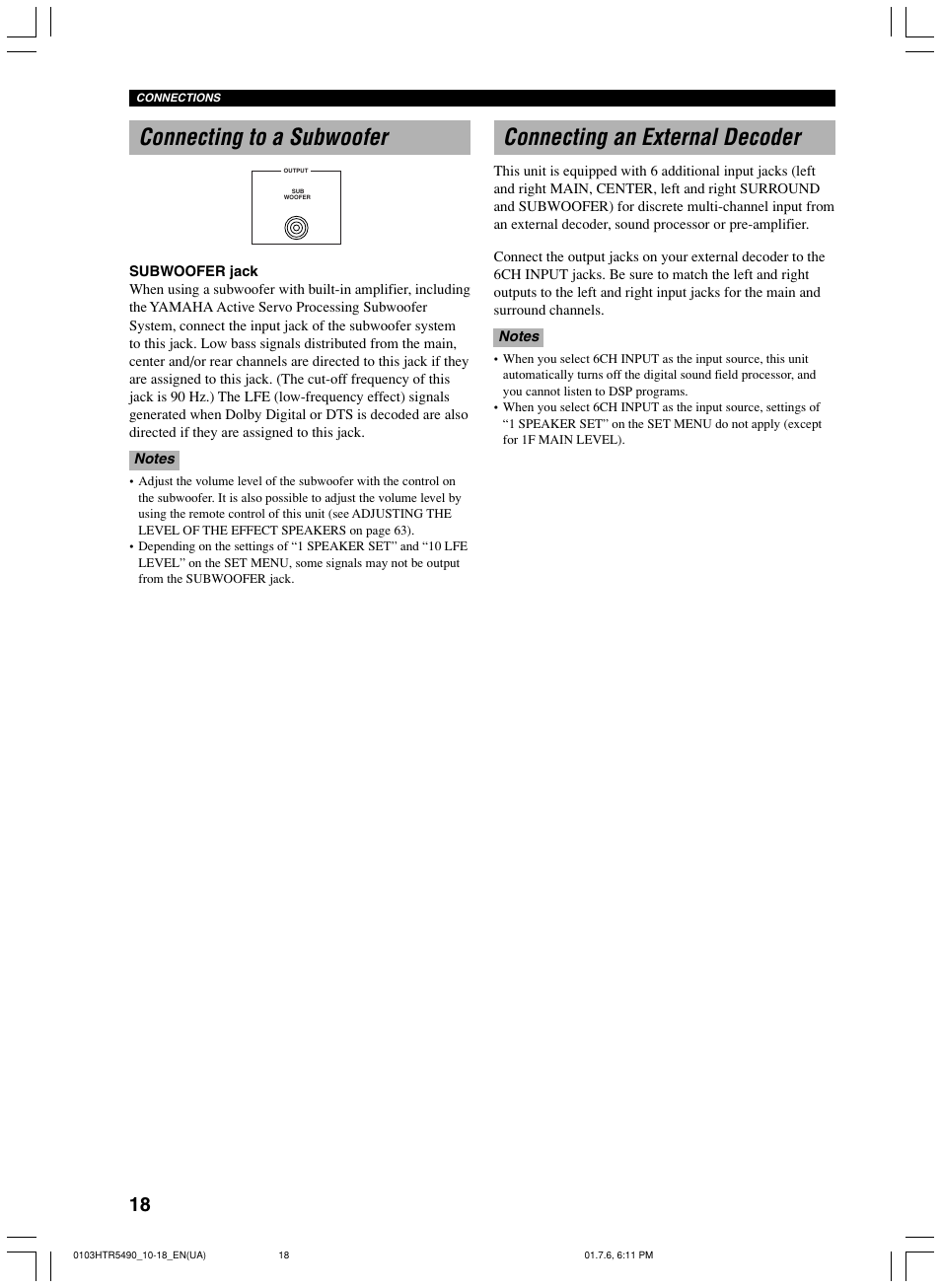 Connecting to a subwoofer, Connecting an external decoder | Yamaha HTR-5490 User Manual | Page 22 / 83