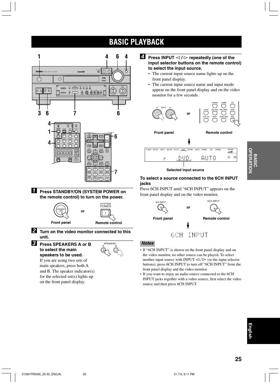 Basic playback, Turn on the video monitor connected to this unit, Video aux silent program stereo | Remote control front panel or | Yamaha HTR-5490 User Manual | Page 29 / 83