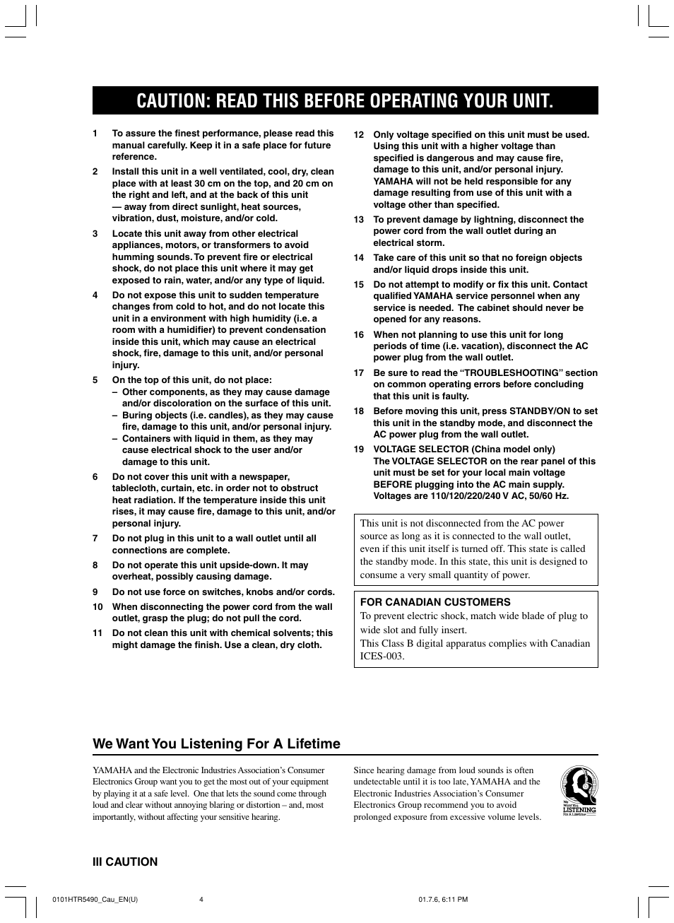 Caution: read this before operating your unit, We want you listening for a lifetime | Yamaha HTR-5490 User Manual | Page 4 / 83