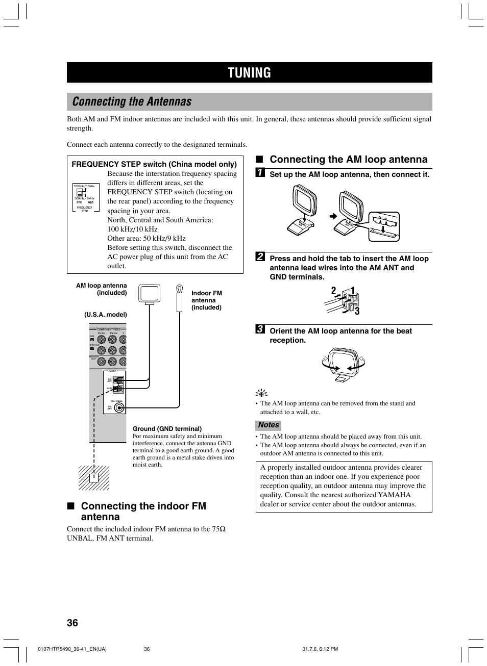 Tuning, Connecting the antennas, 36 ■ connecting the am loop antenna | Connecting the indoor fm antenna | Yamaha HTR-5490 User Manual | Page 40 / 83