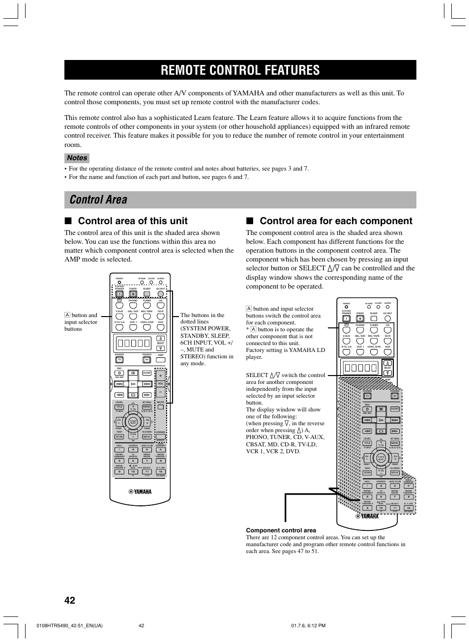 Remote control features, Control area, Control area of this unit | Control area for each component | Yamaha HTR-5490 User Manual | Page 46 / 83