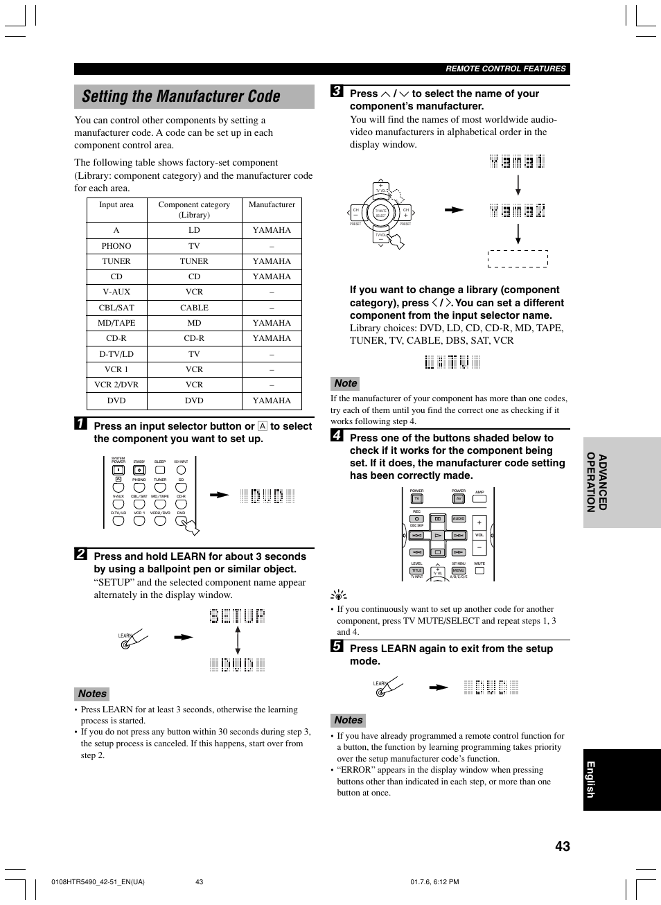 Setting the manufacturer code, Press learn again to exit from the setup mode | Yamaha HTR-5490 User Manual | Page 47 / 83