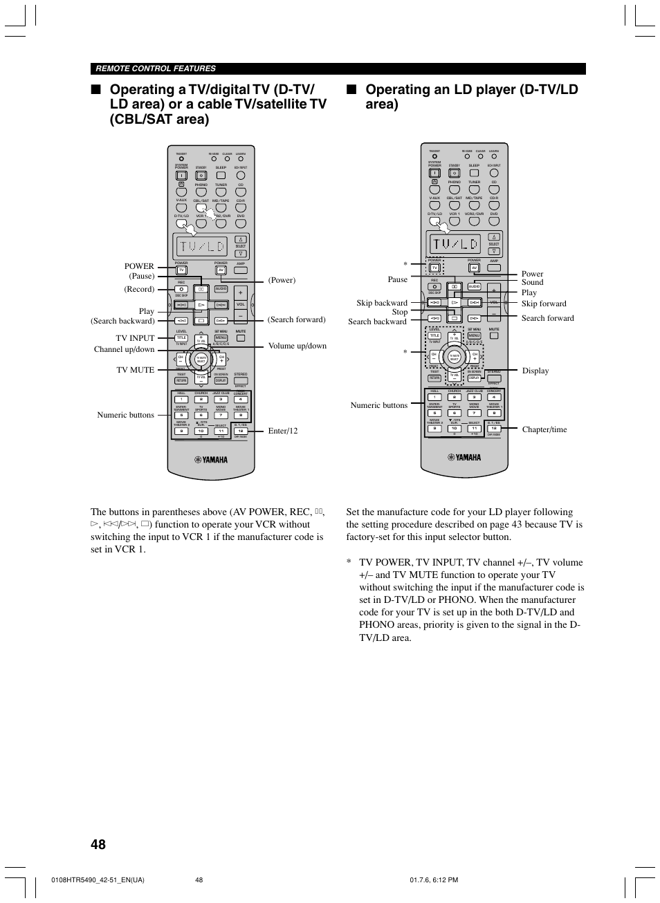 Remote control features | Yamaha HTR-5490 User Manual | Page 52 / 83