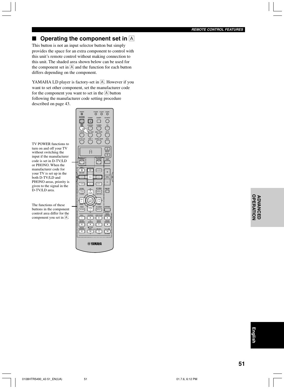 Operating the component set in å, Remote control features | Yamaha HTR-5490 User Manual | Page 55 / 83