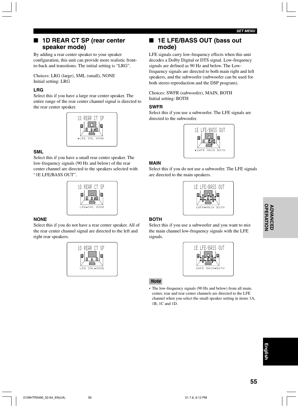 1d rear ct sp (rear center speaker mode), 1e lfe/bass out (bass out mode), 1e lfe/bass out | 1d rear ct sp | Yamaha HTR-5490 User Manual | Page 59 / 83