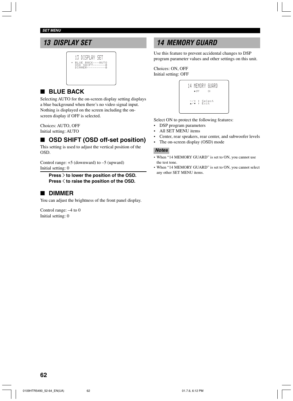 13 display set, 14 memory guard, Blue back | Osd shift (osd off-set position), Dimmer | Yamaha HTR-5490 User Manual | Page 66 / 83