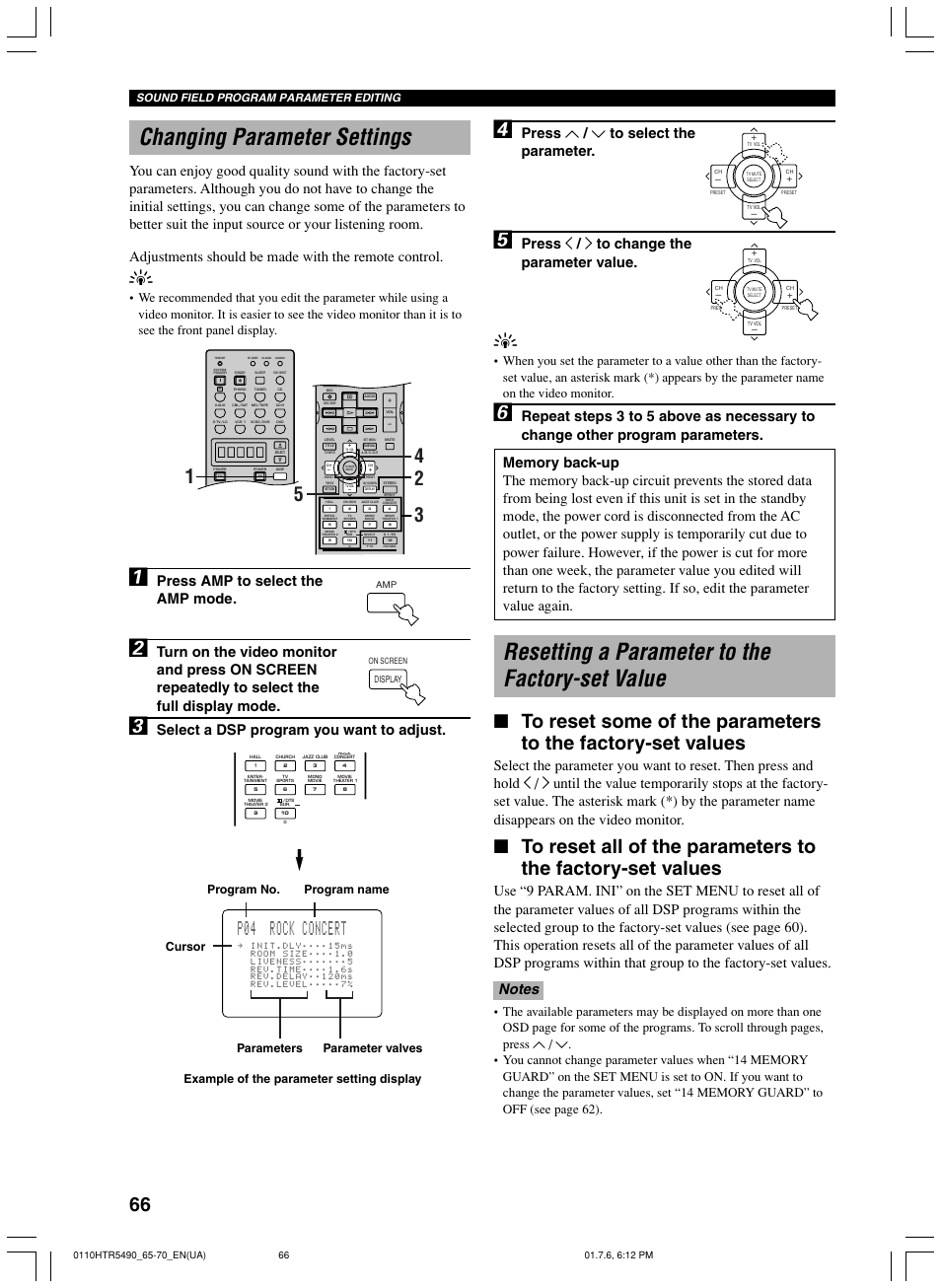 Changing parameter settings, Resetting a parameter to the factory-set value, P04 rock concert | Press u / d to select the parameter, Press j / i to change the parameter value, Press amp to select the amp mode, Select a dsp program you want to adjust, Parameter valves, Sound field program parameter editing | Yamaha HTR-5490 User Manual | Page 70 / 83