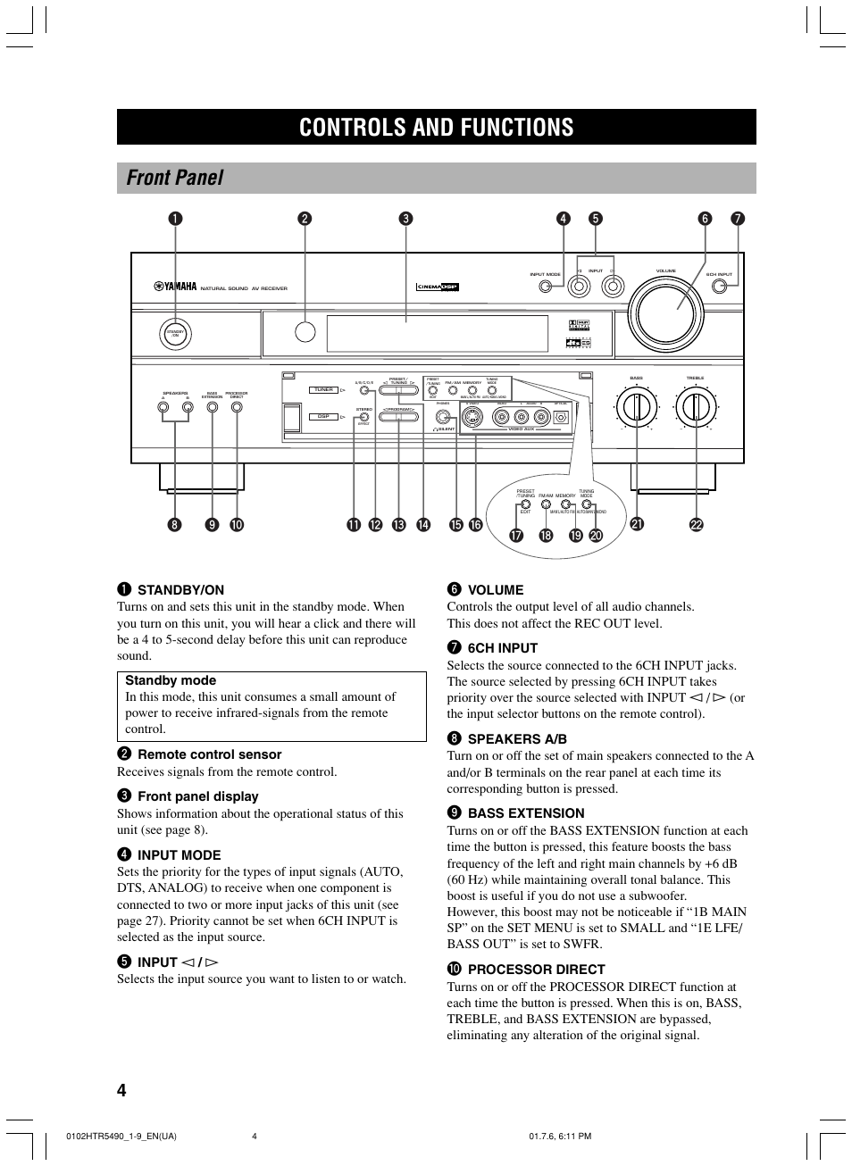 Controls and functions, Front panel, Io p u | Yamaha HTR-5490 User Manual | Page 8 / 83