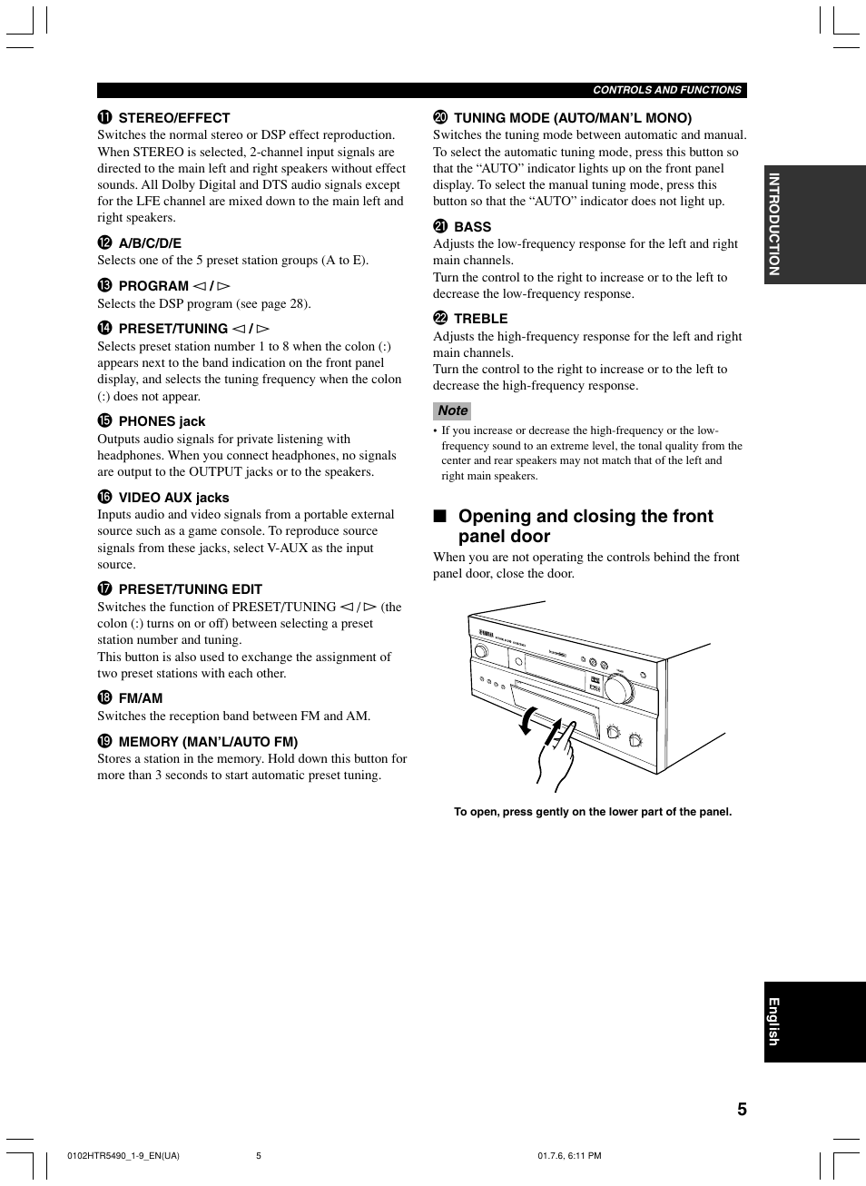 Opening and closing the front panel door | Yamaha HTR-5490 User Manual | Page 9 / 83