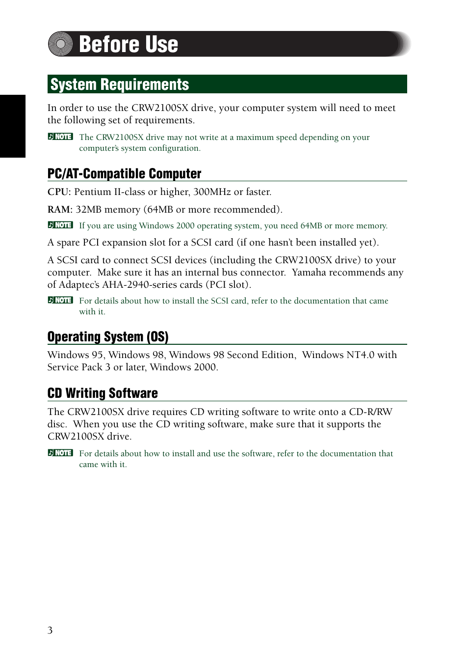 Before use, System requirements, Pc/at-compatible computer | Operating system (os), Cd writing software | Yamaha CRW2100SX User Manual | Page 12 / 48