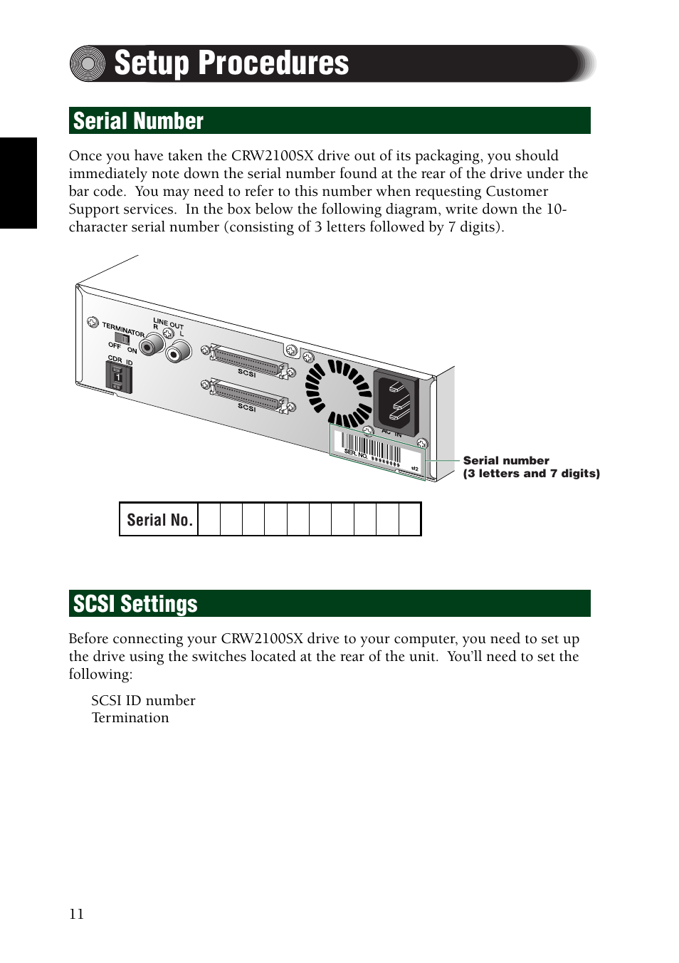 Setup procedures, Serial number, Scsi settings | Serial number scsi settings | Yamaha CRW2100SX User Manual | Page 20 / 48