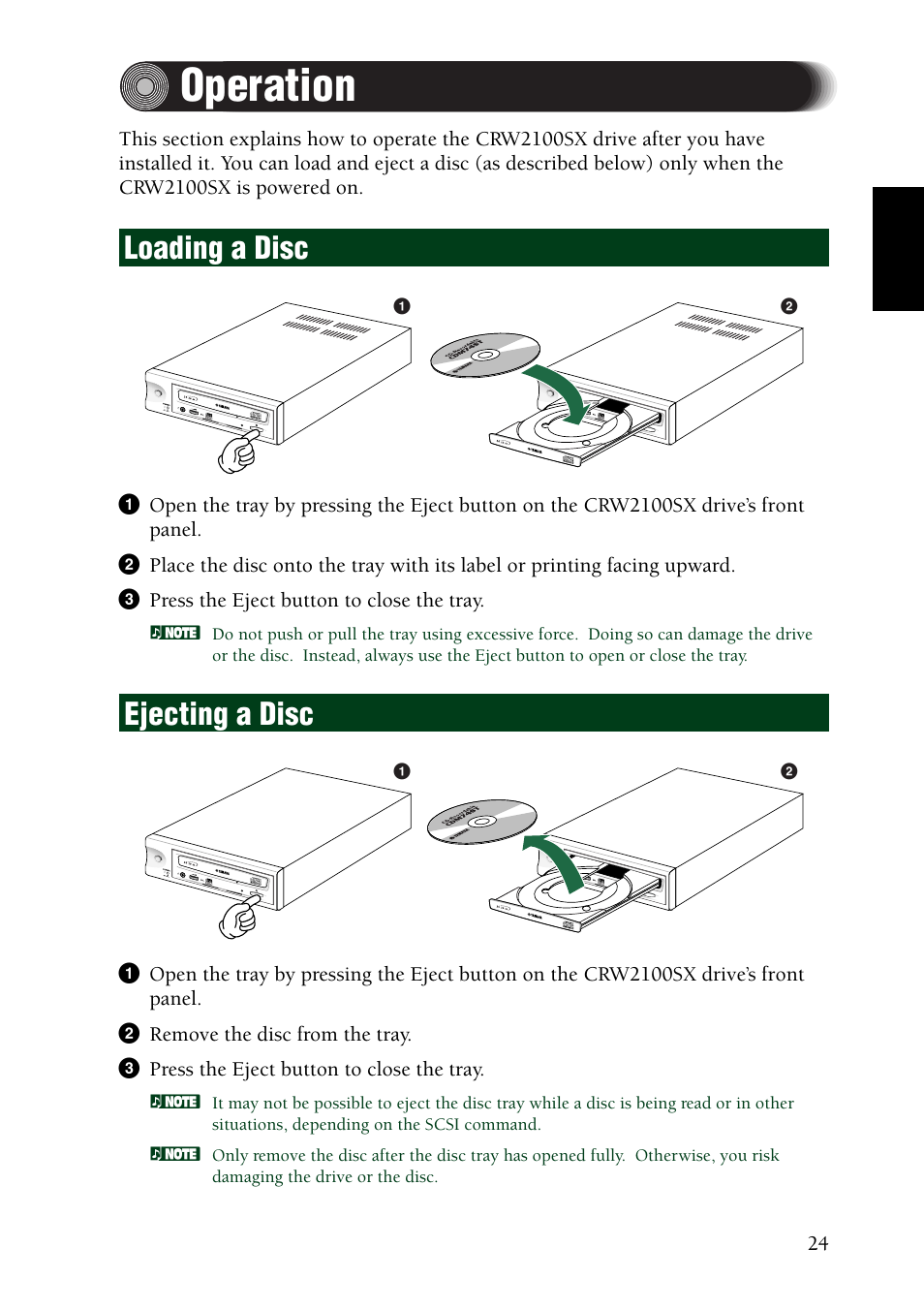 Operation, Loading a disc, Ejecting a disc | Loading a disc ejecting a disc | Yamaha CRW2100SX User Manual | Page 33 / 48