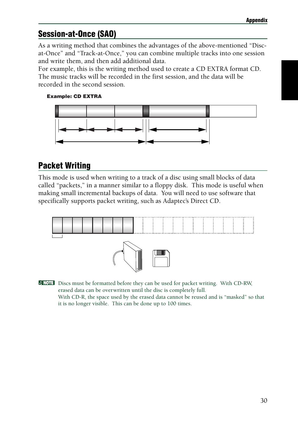 Session-at-once (sao), Packet writing | Yamaha CRW2100SX User Manual | Page 39 / 48