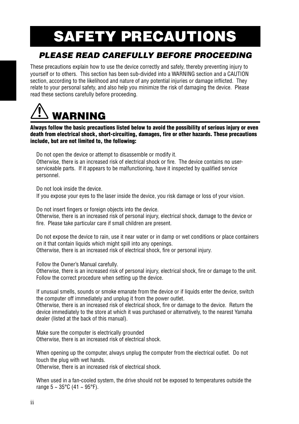 Safety precautions, Warning, Please read carefully before proceeding | Yamaha CRW2100SX User Manual | Page 6 / 48