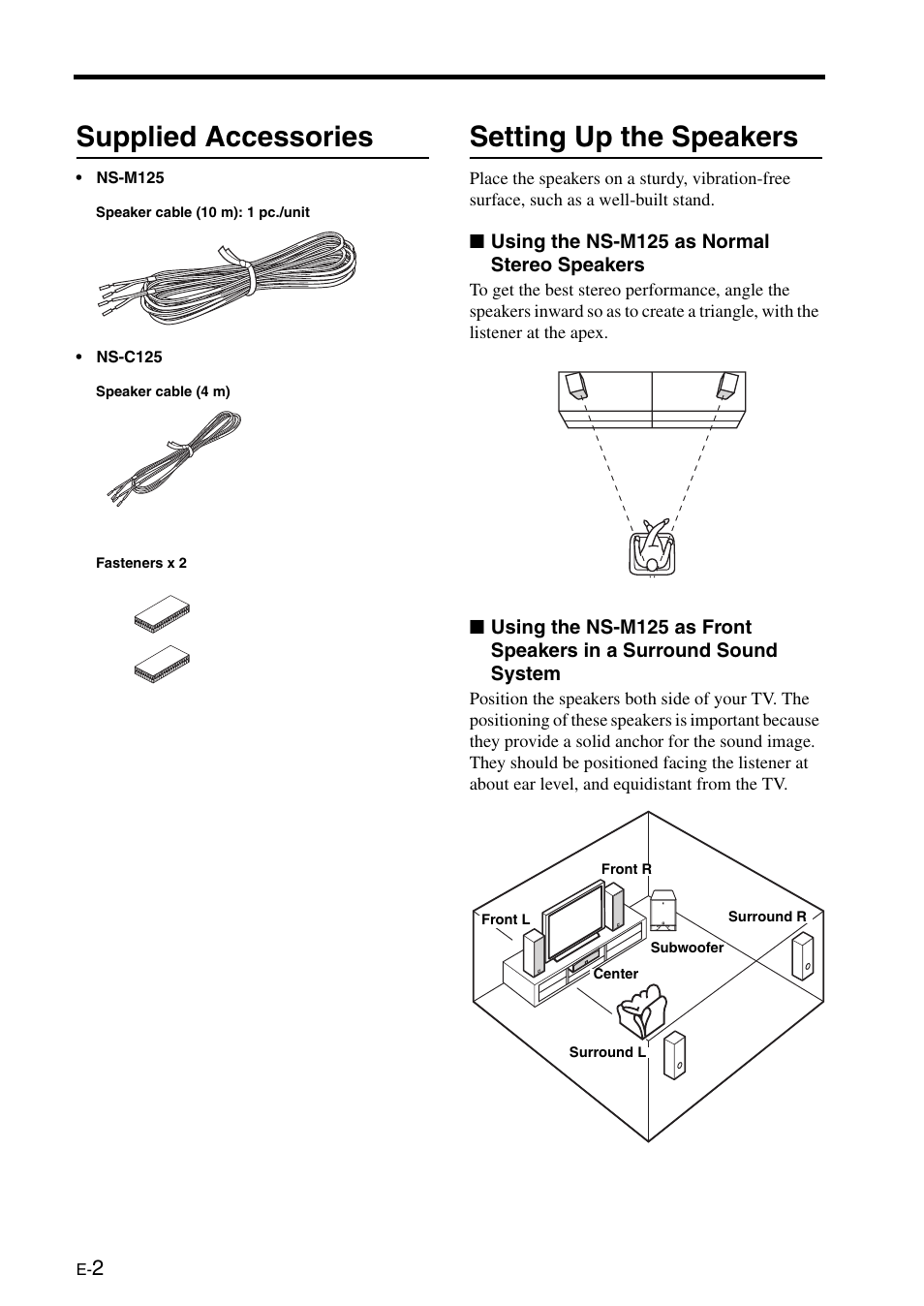 Supplied accessories, Setting up the speakers, Using the ns-m125 as normal stereo speakers | Yamaha NS-C125 User Manual | Page 2 / 6