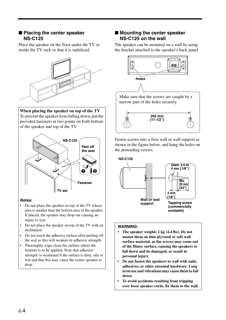 Placing the center speaker ns-c125, Mounting the center speaker ns-c125 on the wall | Yamaha NS-C125 User Manual | Page 4 / 6
