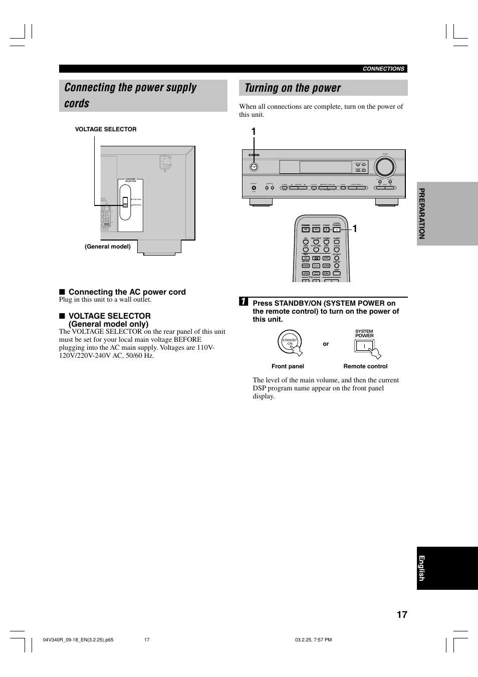 Connecting the power supply cords, Turning on the power, Connecting the ac power cord | Voltage selector (general model only), English prep ara tion, Plug in this unit to a wall outlet, Volume | Yamaha RX-V340 User Manual | Page 19 / 60