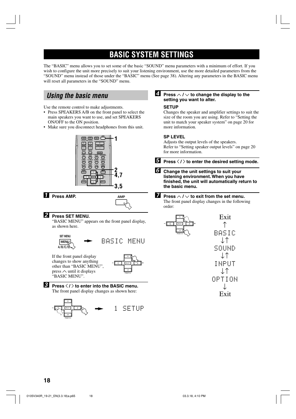 Basic system settings, Using the basic menu, Exit | Basic menu, 1setup, Basic ↓↑ sound ↓↑ input ↓↑ option, Press amp, Press j / i to enter the desired setting mode | Yamaha RX-V340 User Manual | Page 20 / 60