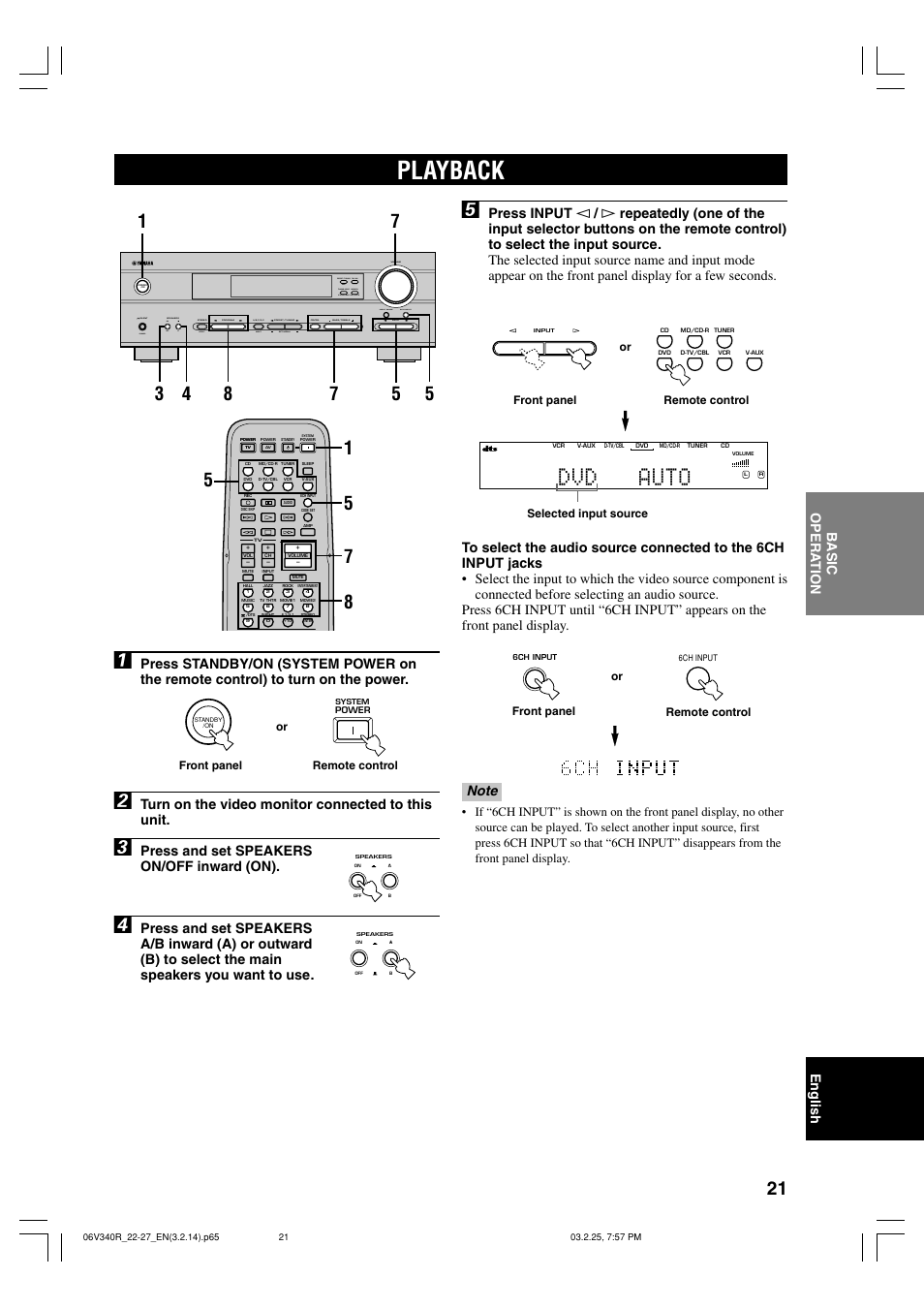 Basicoperation, Playback, Dvd auto | English, Basic opera tion, Turn on the video monitor connected to this unit, Press and set speakers on/off inward (on), Volume | Yamaha RX-V340 User Manual | Page 23 / 60