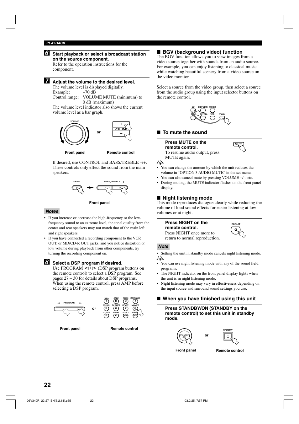 Bgv (background video) function, Night listening mode, When you have finished using this unit | Yamaha RX-V340 User Manual | Page 24 / 60