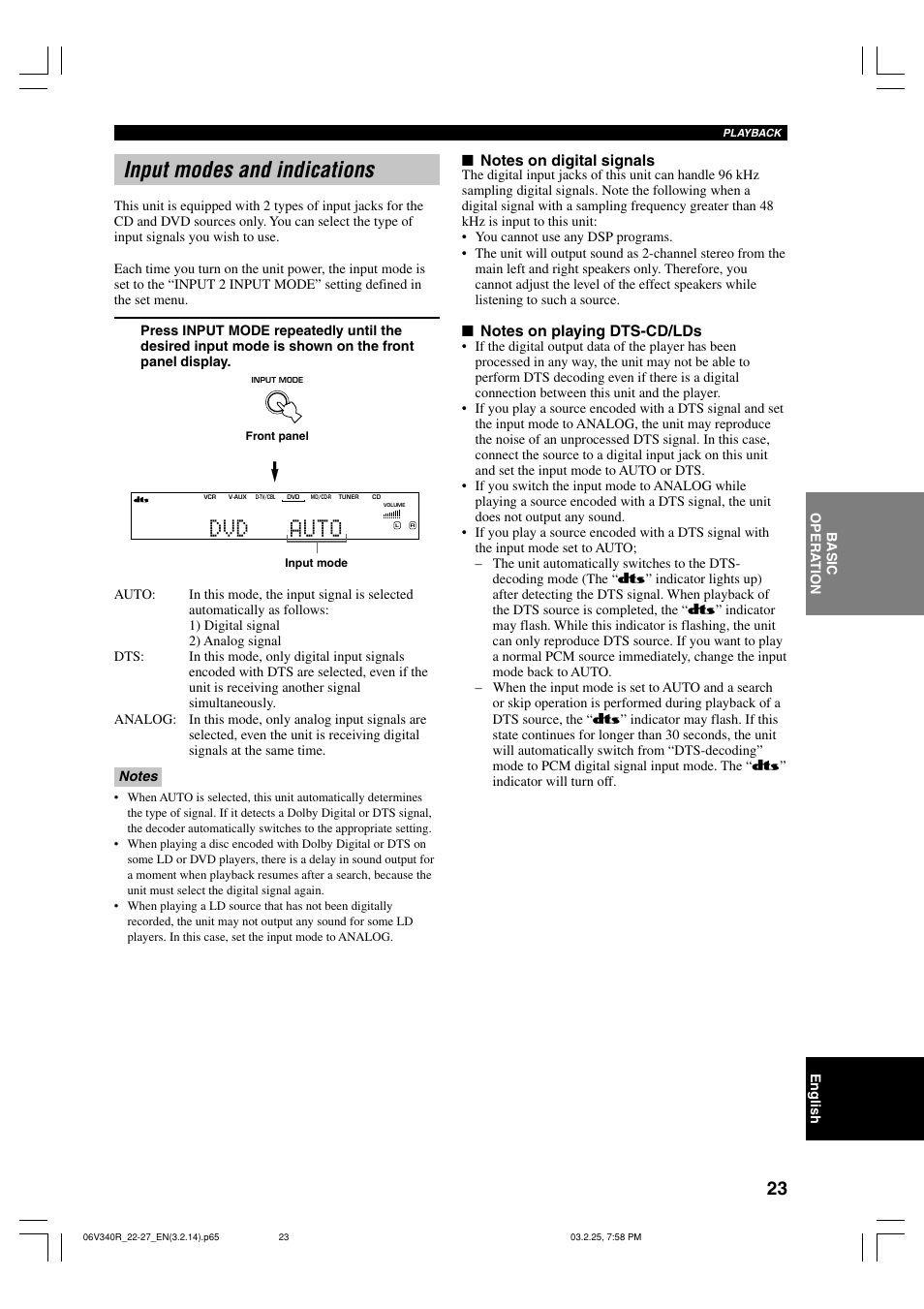 Input modes and indications, Dvd auto | Yamaha RX-V340 User Manual | Page 25 / 60