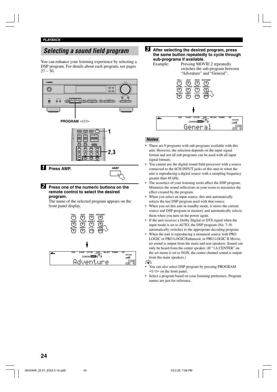 Selecting a sound field program, Adventure, General | Press amp, Volume, Program l / h | Yamaha RX-V340 User Manual | Page 26 / 60