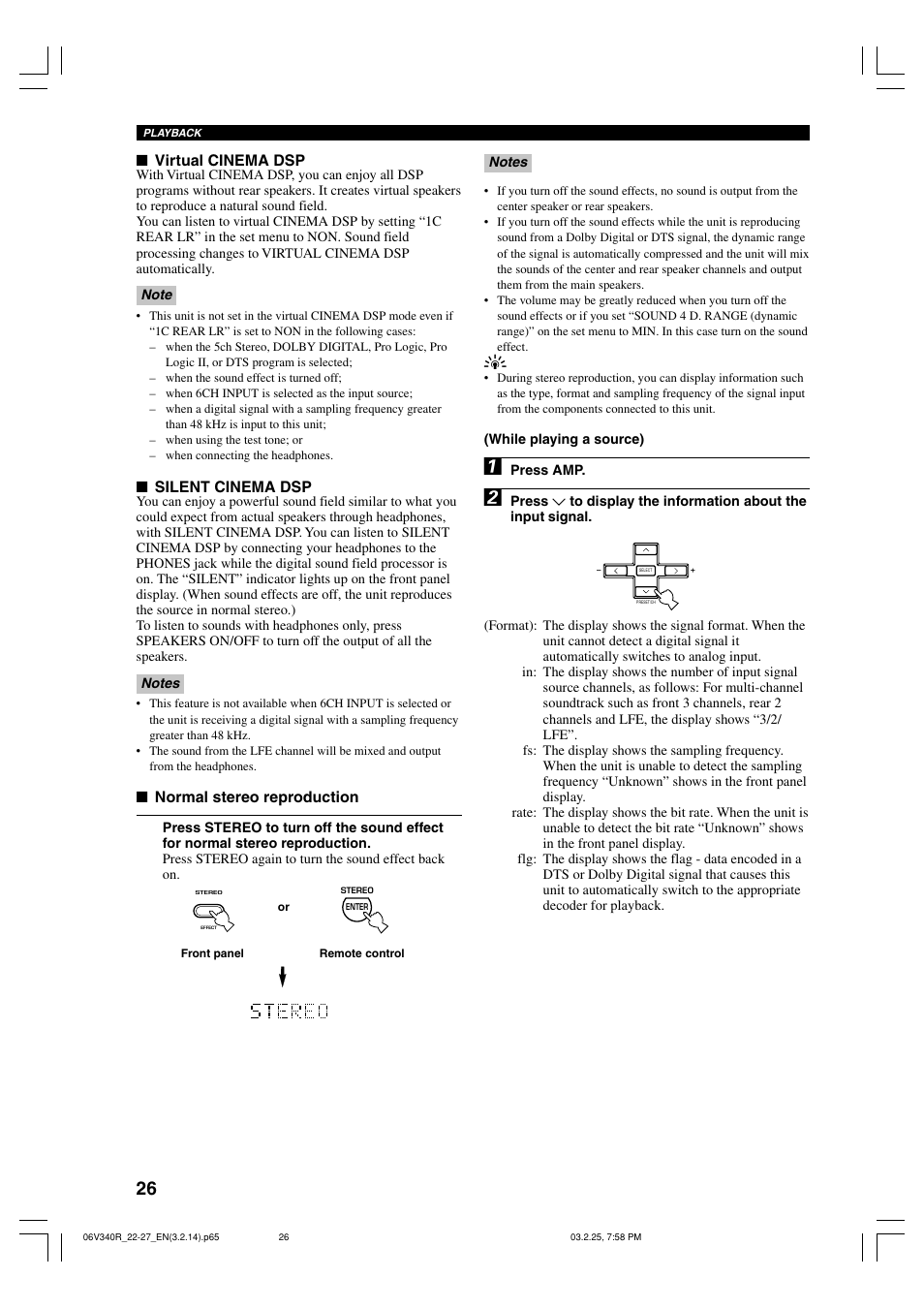 Virtual cinema dsp, Silent cinema dsp, Normal stereo reproduction | Yamaha RX-V340 User Manual | Page 28 / 60