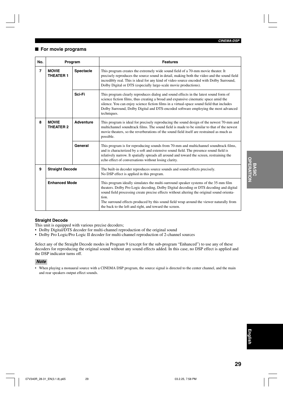 For movie programs | Yamaha RX-V340 User Manual | Page 31 / 60