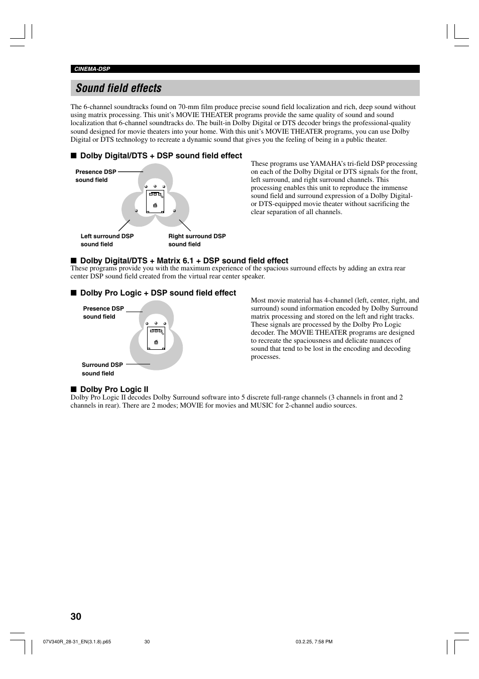 Sound field effects | Yamaha RX-V340 User Manual | Page 32 / 60