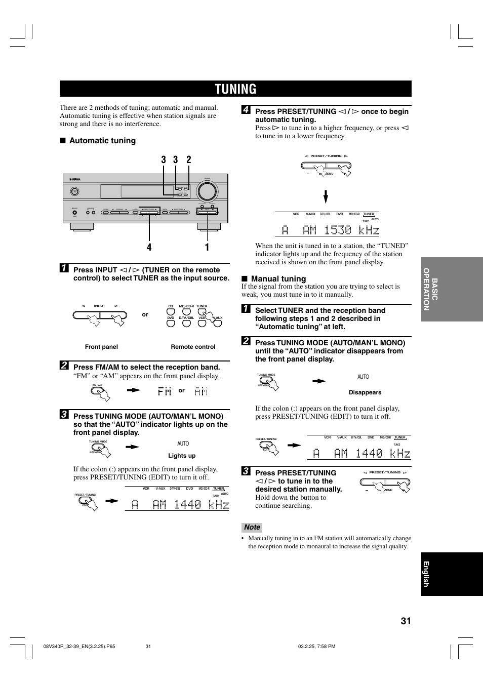 Tuning, Aam 1440 khz, Aam 1530 khz | Manual tuning, Automatic tuning | Yamaha RX-V340 User Manual | Page 33 / 60