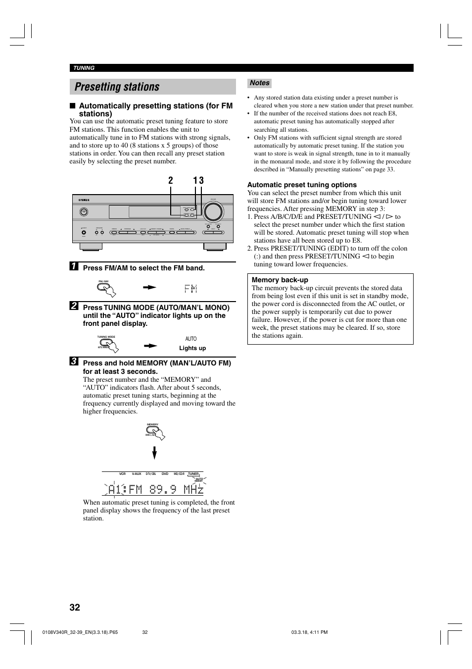 Presetting stations, A1:fm 89.9 mhz | Yamaha RX-V340 User Manual | Page 34 / 60