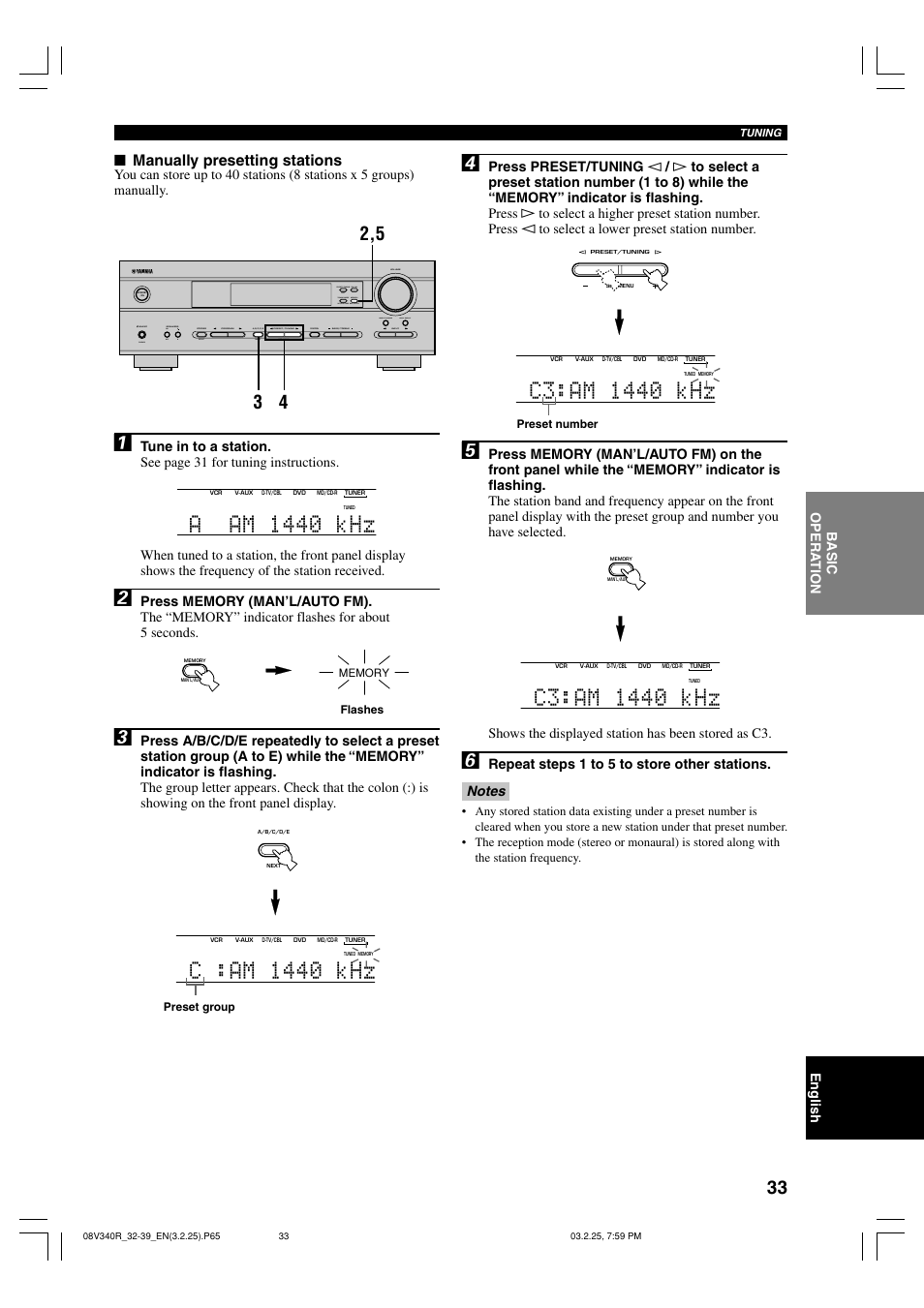 Aam 1440 khz, C :am 1440 khz, Manually presetting stations | Yamaha RX-V340 User Manual | Page 35 / 60