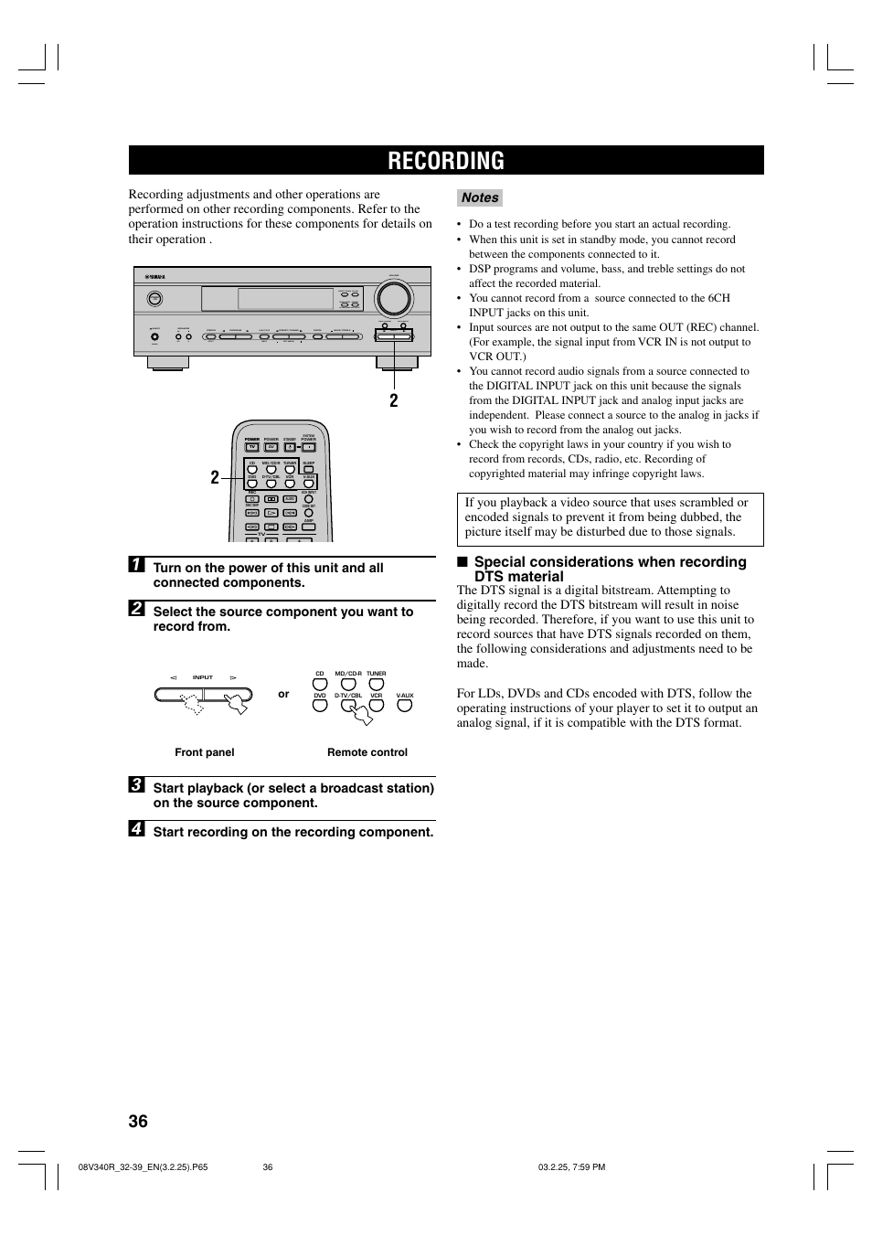 Recording, Special considerations when recording dts material, Start recording on the recording component | Yamaha RX-V340 User Manual | Page 38 / 60