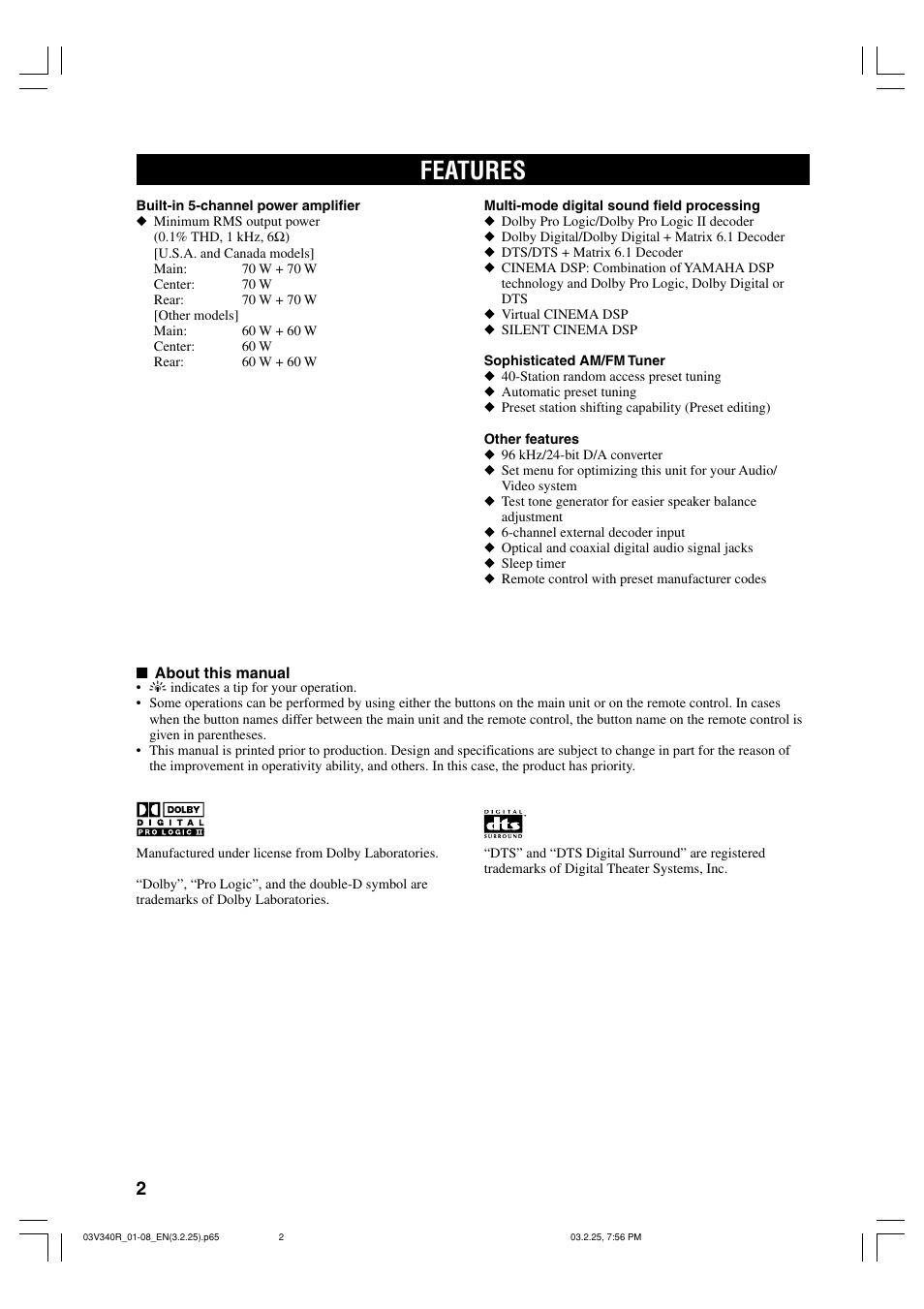 Introduction, Features | Yamaha RX-V340 User Manual | Page 4 / 60