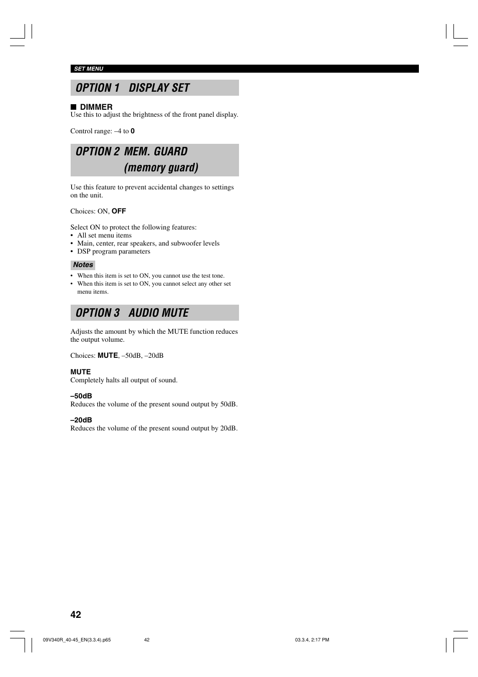 Option 1 display set, Option 2 mem. guard (memory guard), Option 3 audio mute | Yamaha RX-V340 User Manual | Page 44 / 60