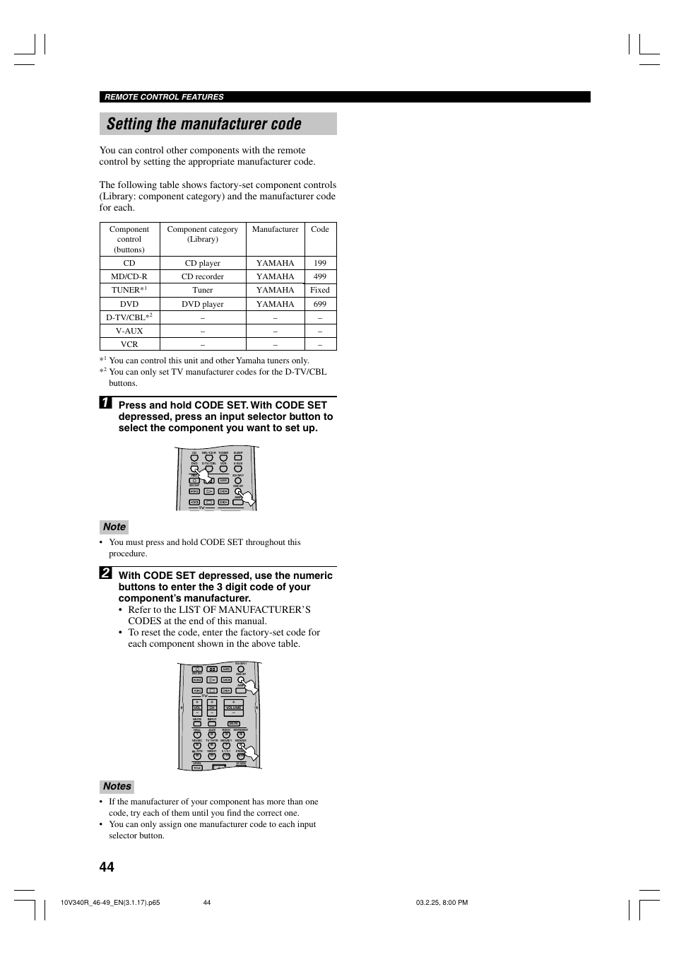 Setting the manufacturer code, Dvd d-tv/cbl | Yamaha RX-V340 User Manual | Page 46 / 60