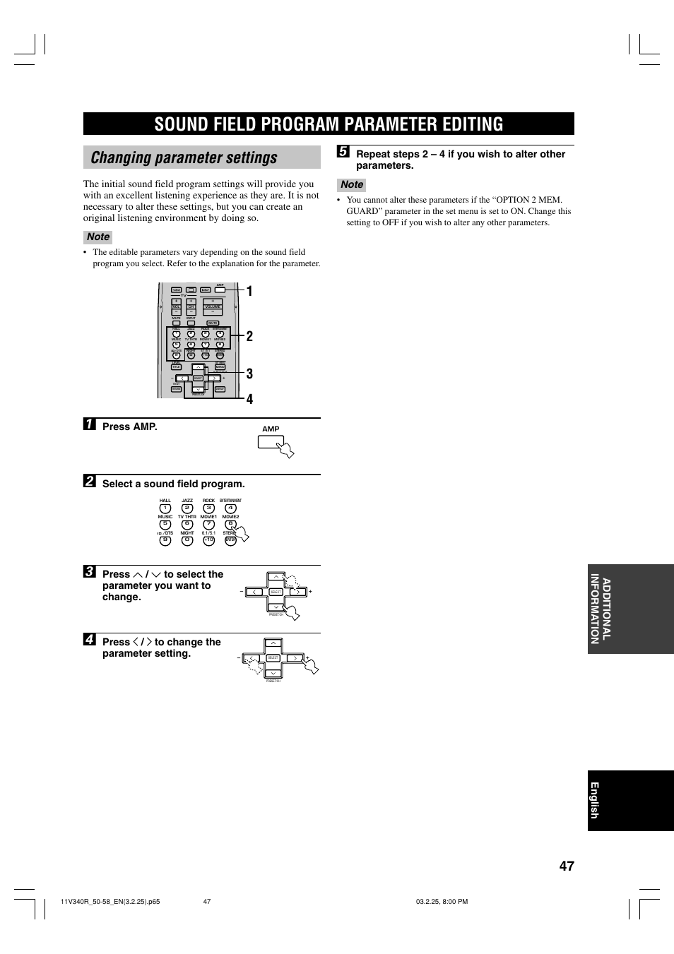 Additionalinformation, Sound field program parameter editing, Changing parameter settings | English additional informa tion, Press amp, Select a sound field program, Press j / i to change the parameter setting | Yamaha RX-V340 User Manual | Page 49 / 60